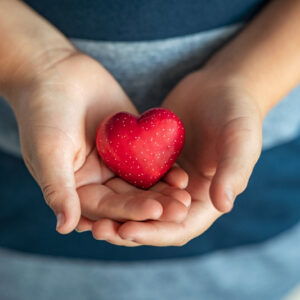 Close up of boy hands holding a red heart shape. Top view of child hands showing small red heart. High angle view of kid hands holding a heart-shaped stone at home, symbol of love and care.